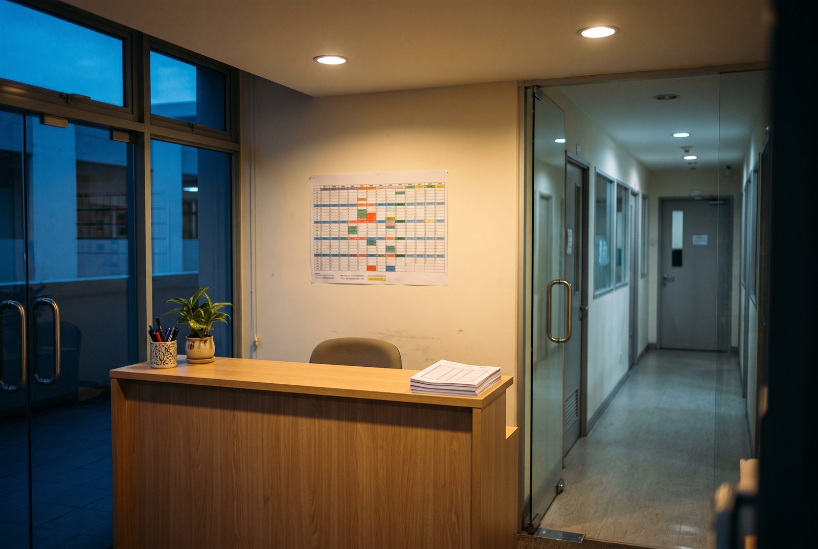 A tuition centre's front desk after hours: an oak counter with a stack of enrolment forms, a term calendar on the wall and a corridor to the classrooms.
